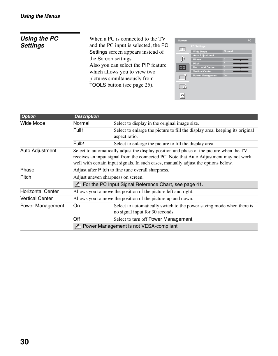 Using the pc settings | Sony KDL-40S4100 User Manual | Page 30 / 48