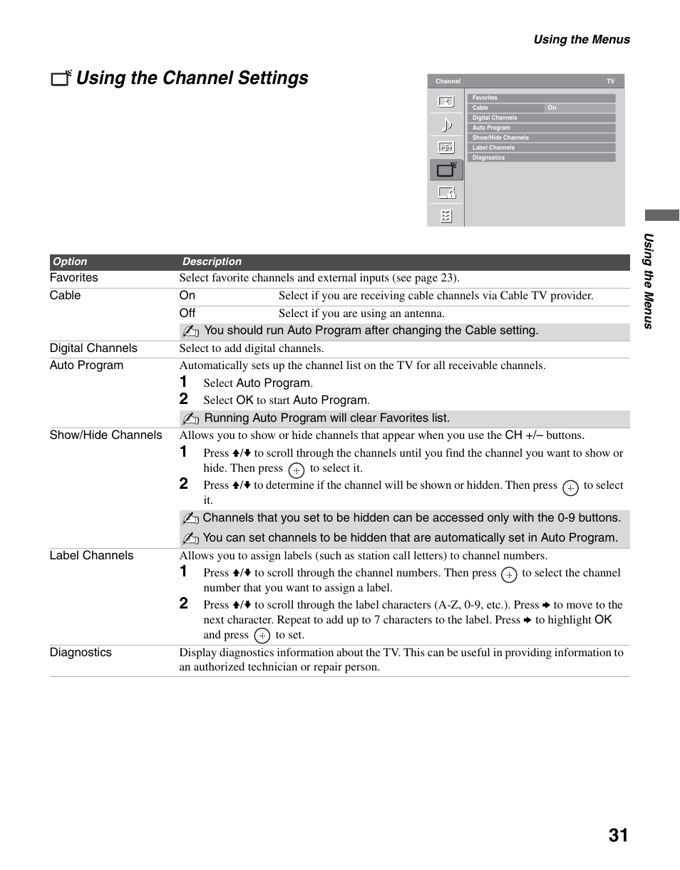 Using the channel settings | Sony KDL-40S4100 User Manual | Page 31 / 48