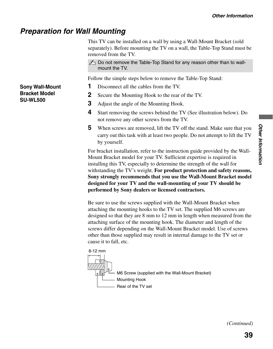 Preparation for wall mounting | Sony KDL-40S4100 User Manual | Page 39 / 48