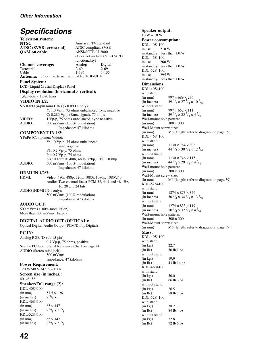 Specifications, 42 specifications, Other information | Sony KDL-40S4100 User Manual | Page 42 / 48