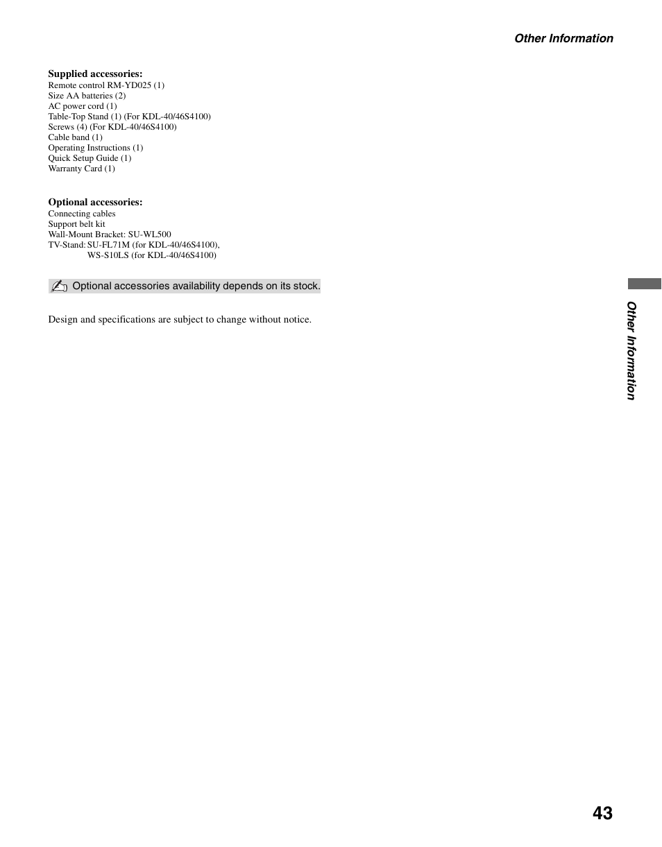 Sony KDL-40S4100 User Manual | Page 43 / 48