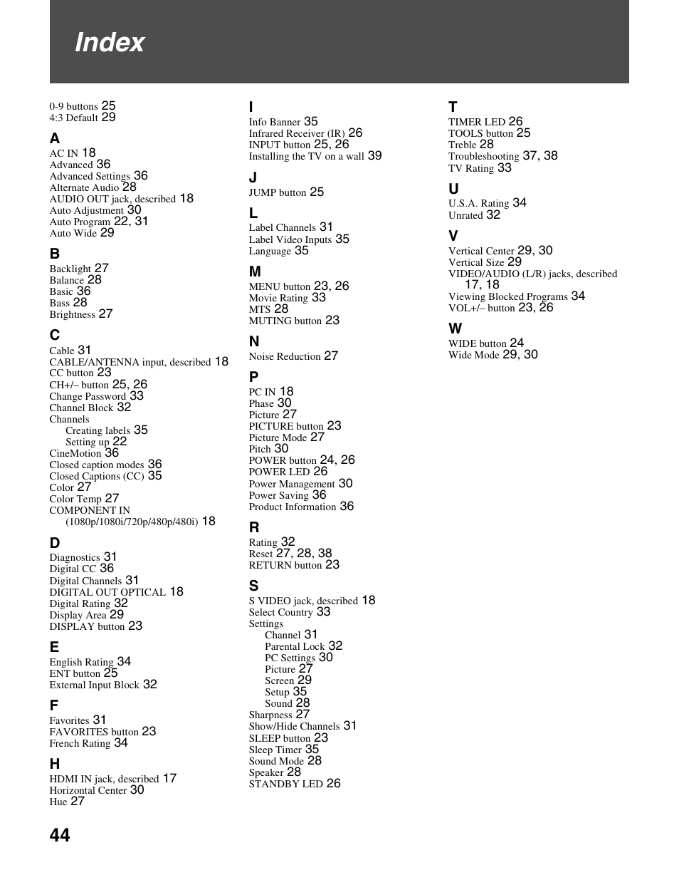 Index | Sony KDL-40S4100 User Manual | Page 44 / 48