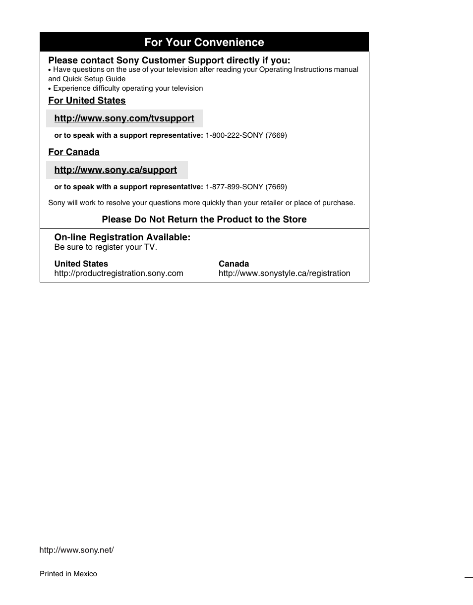 For your convenience | Sony KDL-40S4100 User Manual | Page 48 / 48
