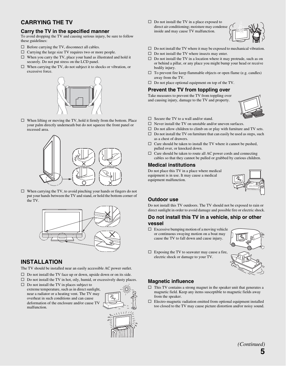 Carrying the tv, Installation, Continued) | Sony KDL-40S4100 User Manual | Page 5 / 48