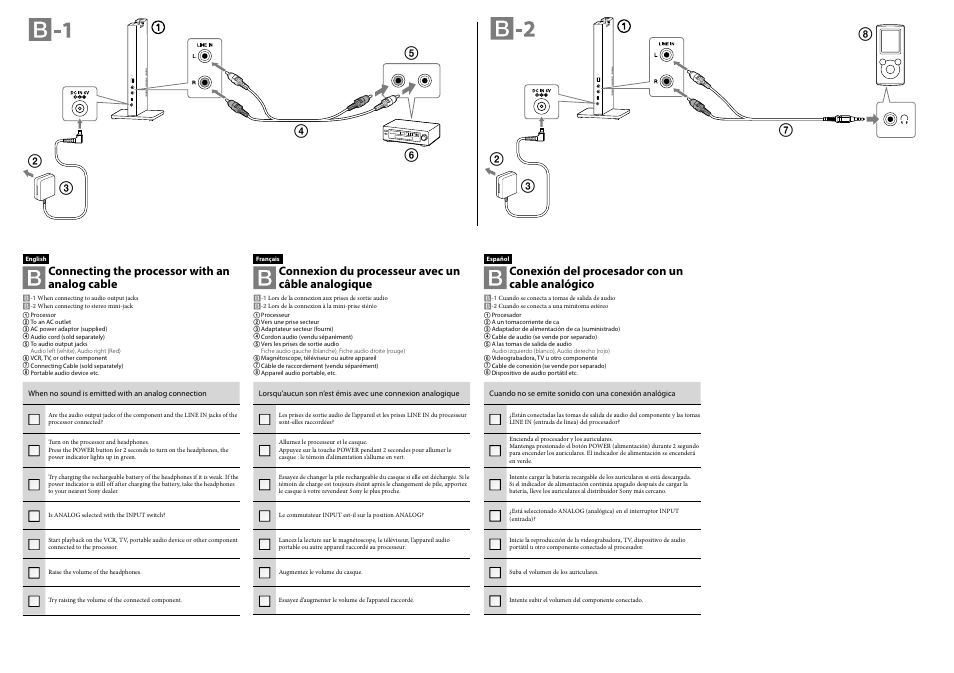 Connecting the processor with an analog cable, Conexión del procesador con un cable analógico, Connexion du processeur avec un câble analogique | Sony MDR-DS6500 User Manual | Page 2 / 2