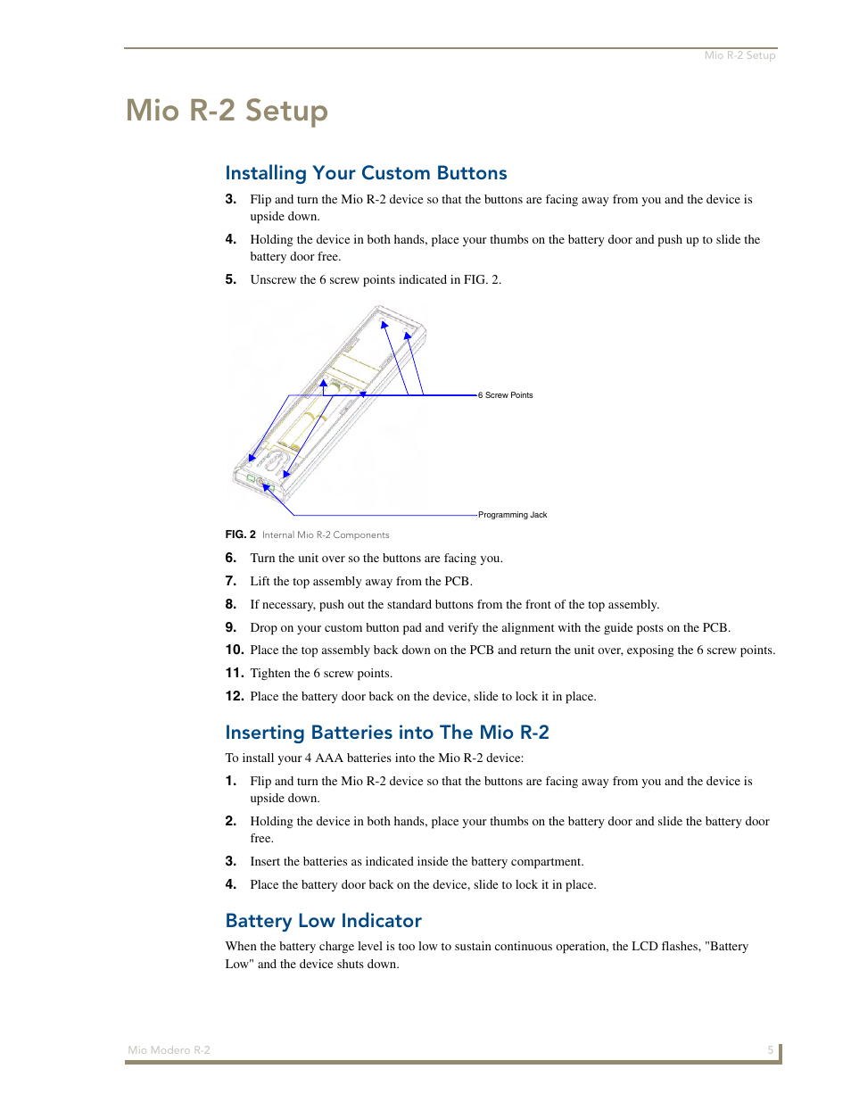 Mio r-2 setup, Installing your custom buttons, Inserting batteries into the mio r-2 | Battery low indicator | AMX Mio Modero R-2 User Manual | Page 11 / 24