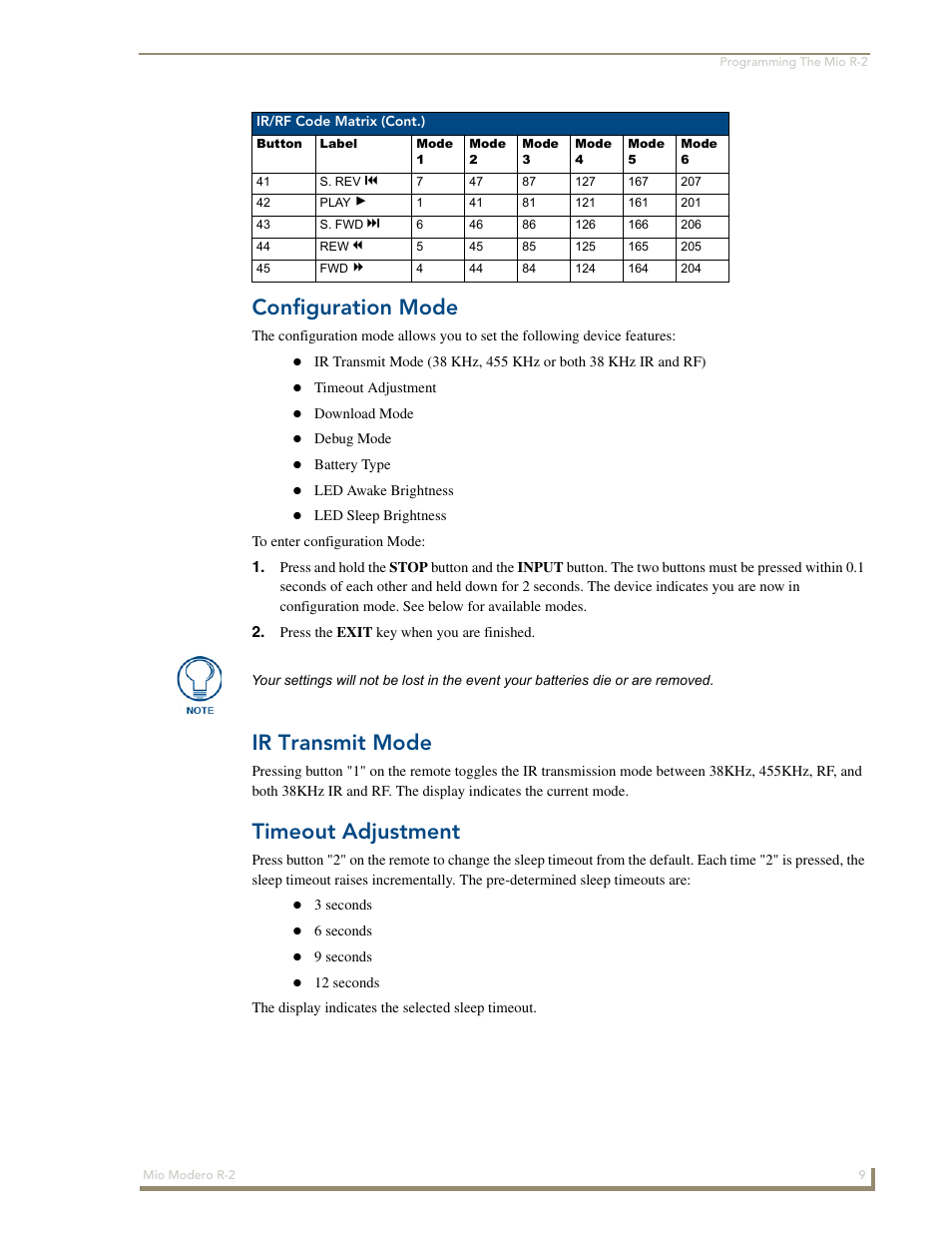 Configuration mode, Ir transmit mode, Timeout adjustment | AMX Mio Modero R-2 User Manual | Page 15 / 24