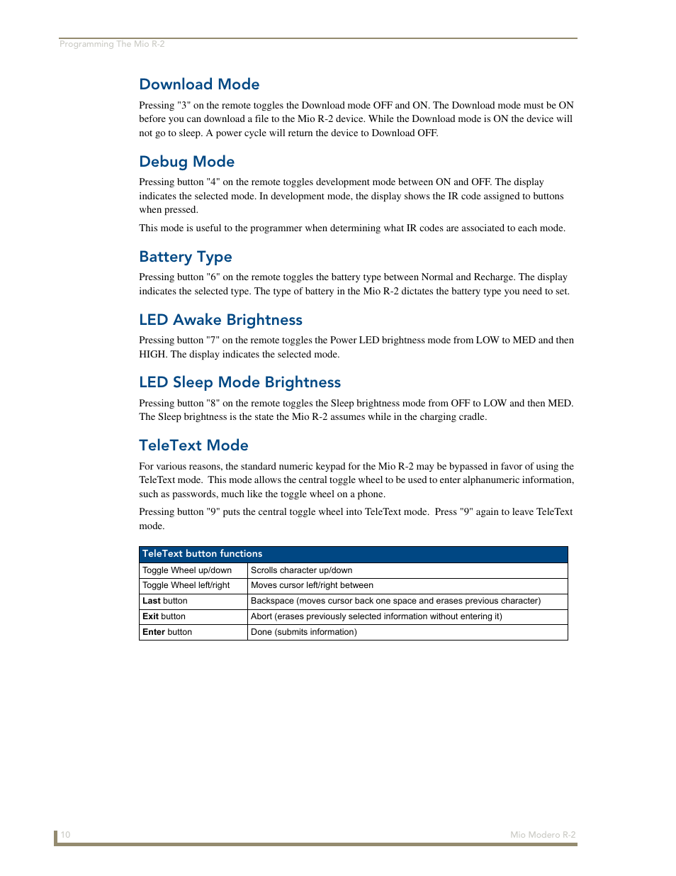 Download mode, Debug mode, Battery type | Led awake brightness, Led sleep mode brightness, Teletext mode | AMX Mio Modero R-2 User Manual | Page 16 / 24