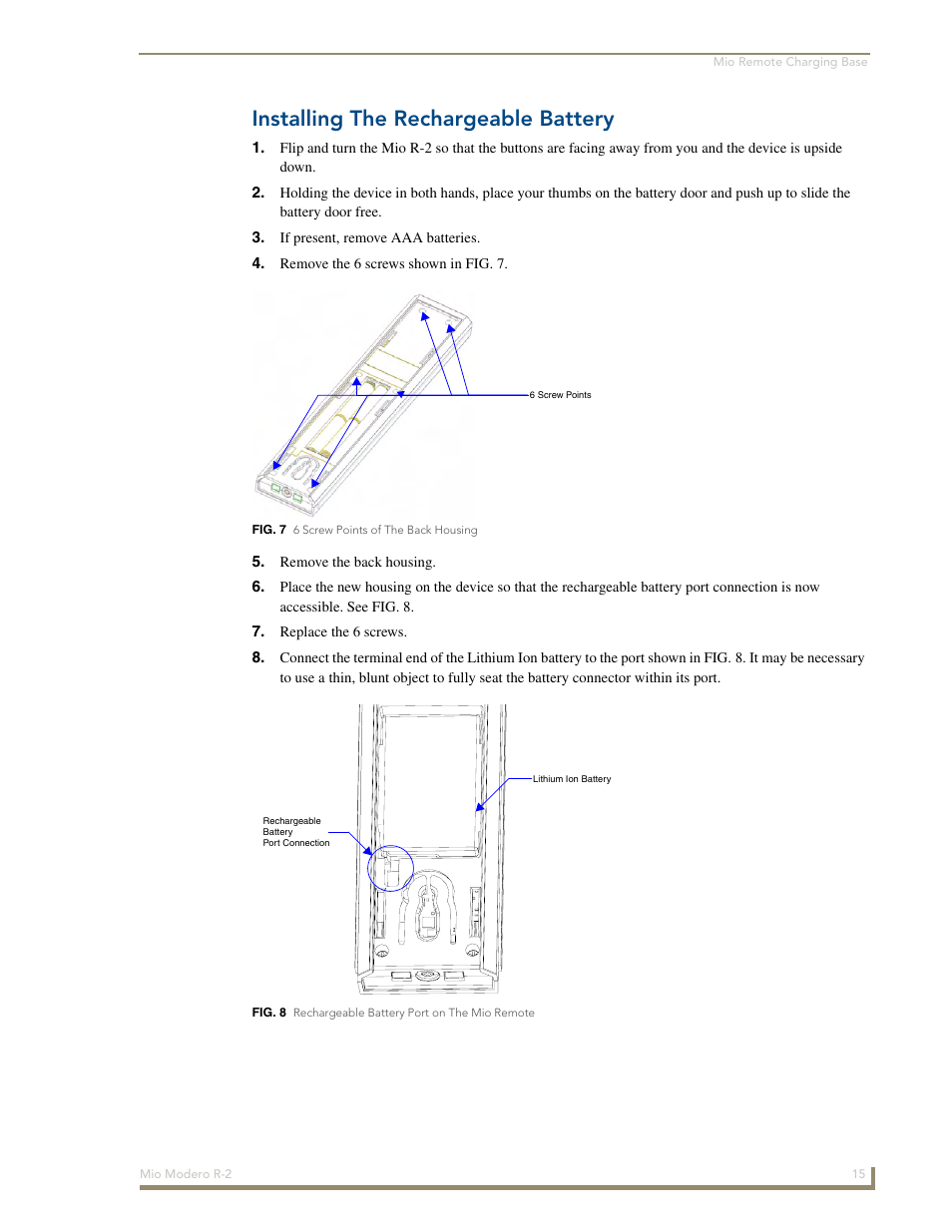 Installing the rechargeable battery | AMX Mio Modero R-2 User Manual | Page 21 / 24