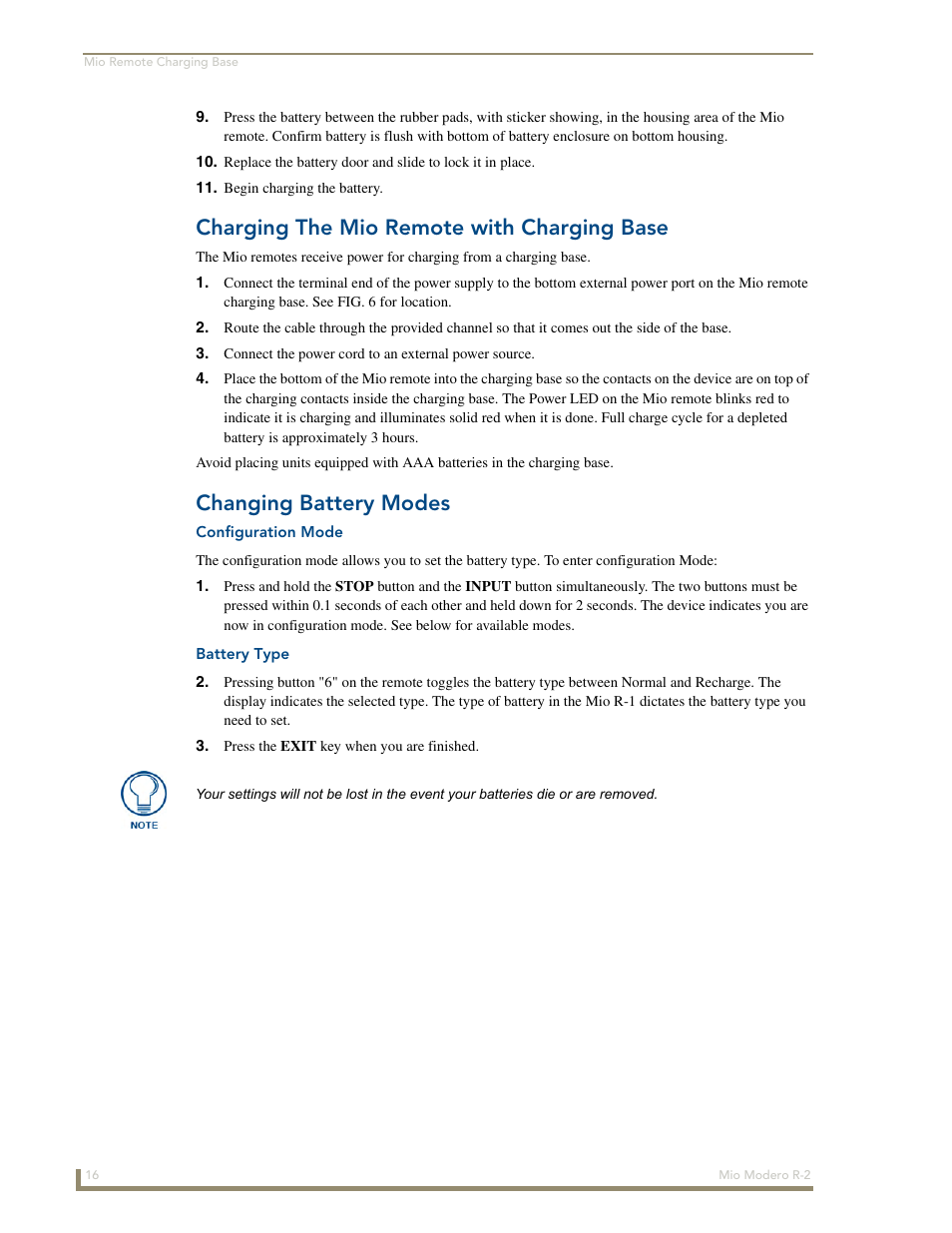 Charging the mio remote with charging base, Changing battery modes, Configuration mode | Battery type | AMX Mio Modero R-2 User Manual | Page 22 / 24