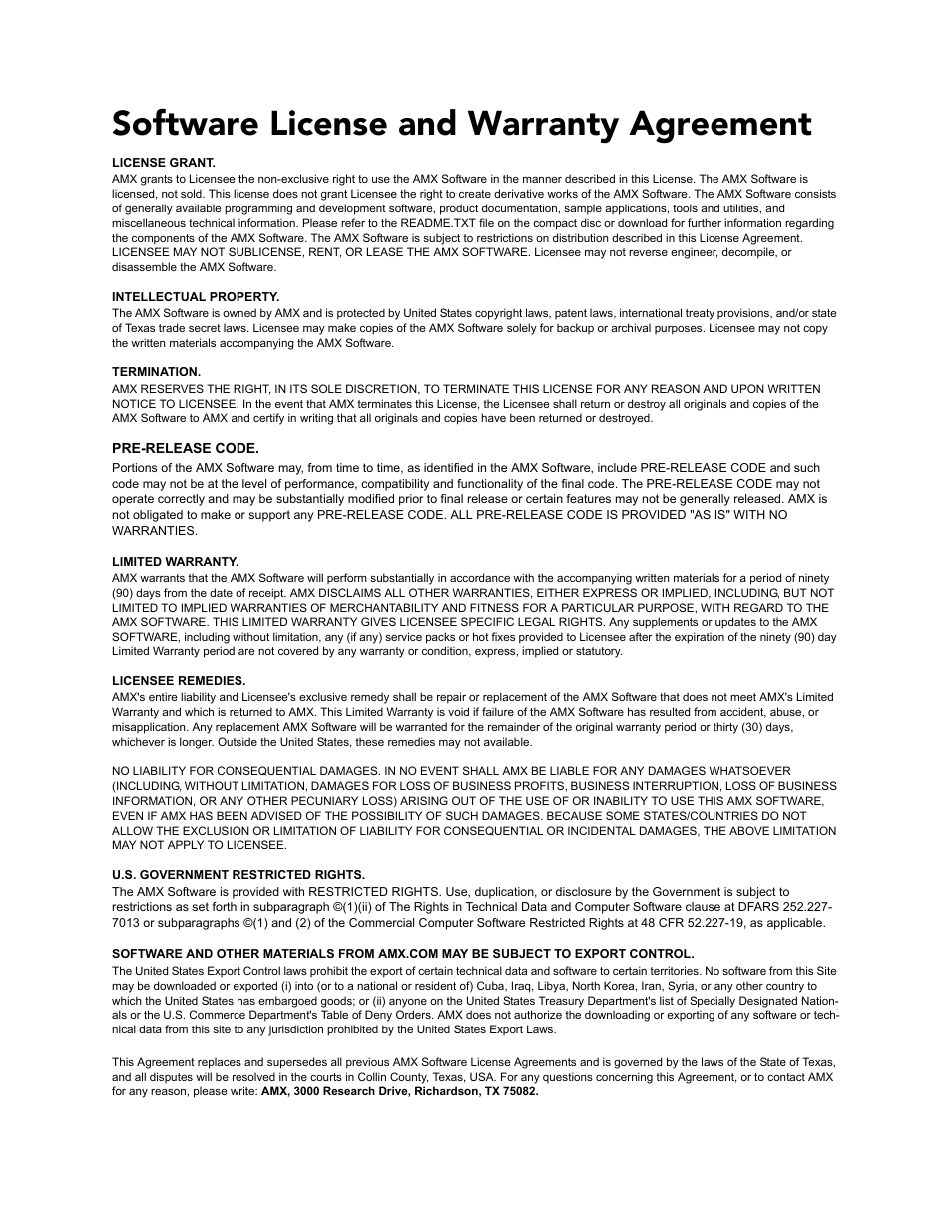 Software license and warranty agreement | AMX Mio Modero R-2 User Manual | Page 3 / 24