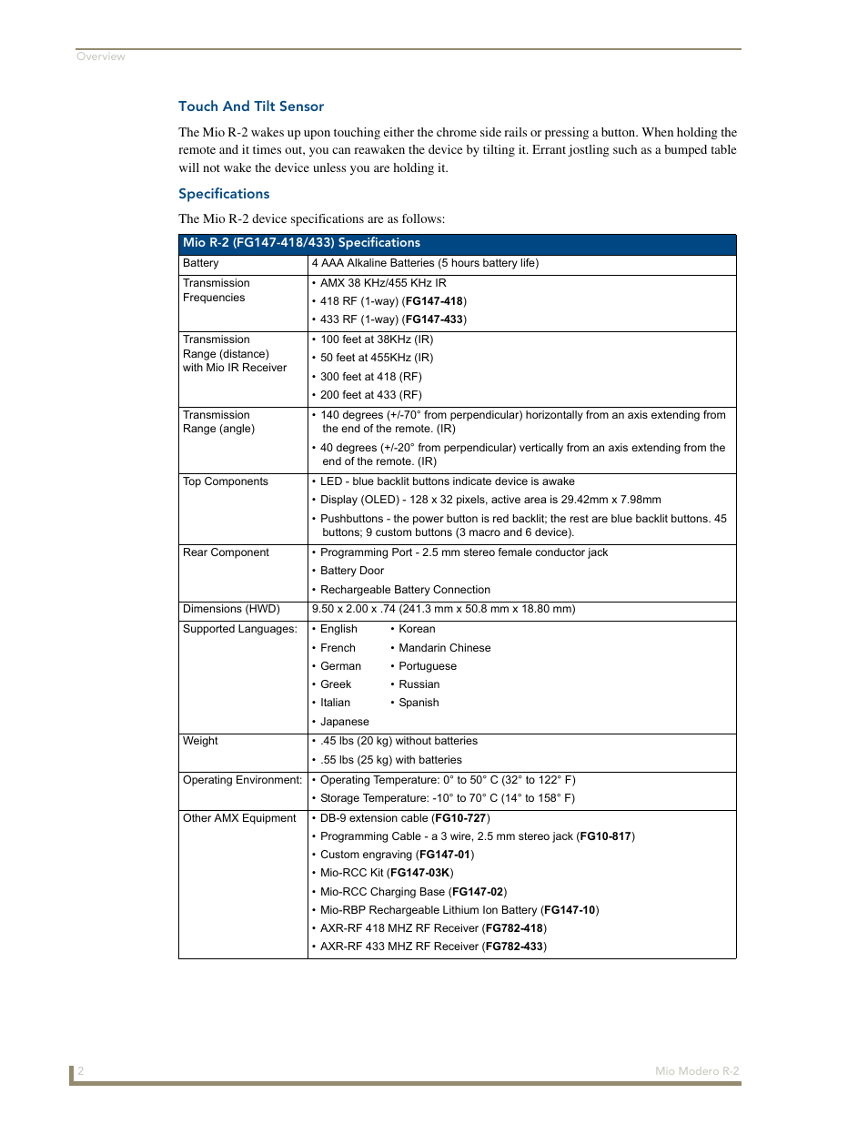 Touch and tilt sensor, Specifications | AMX Mio Modero R-2 User Manual | Page 8 / 24