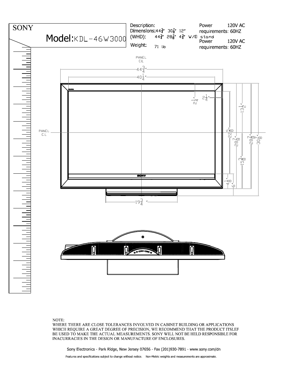 Sony KDL-46W3000 User Manual | 2 pages