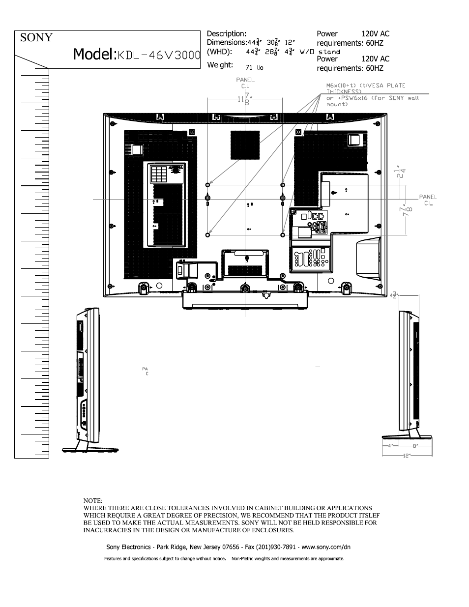 Model:kdl-46v3ooo, Sony | Sony KDL-46W3000 User Manual | Page 2 / 2