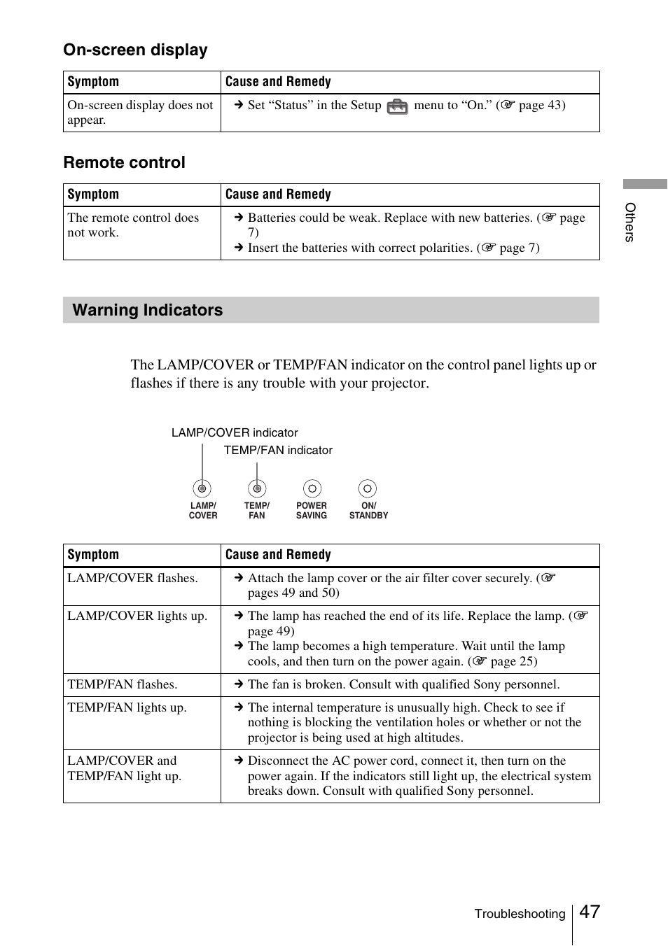 Warning indicators, On-screen display remote control | Sony VPL-HS51 User Manual | Page 47 / 68