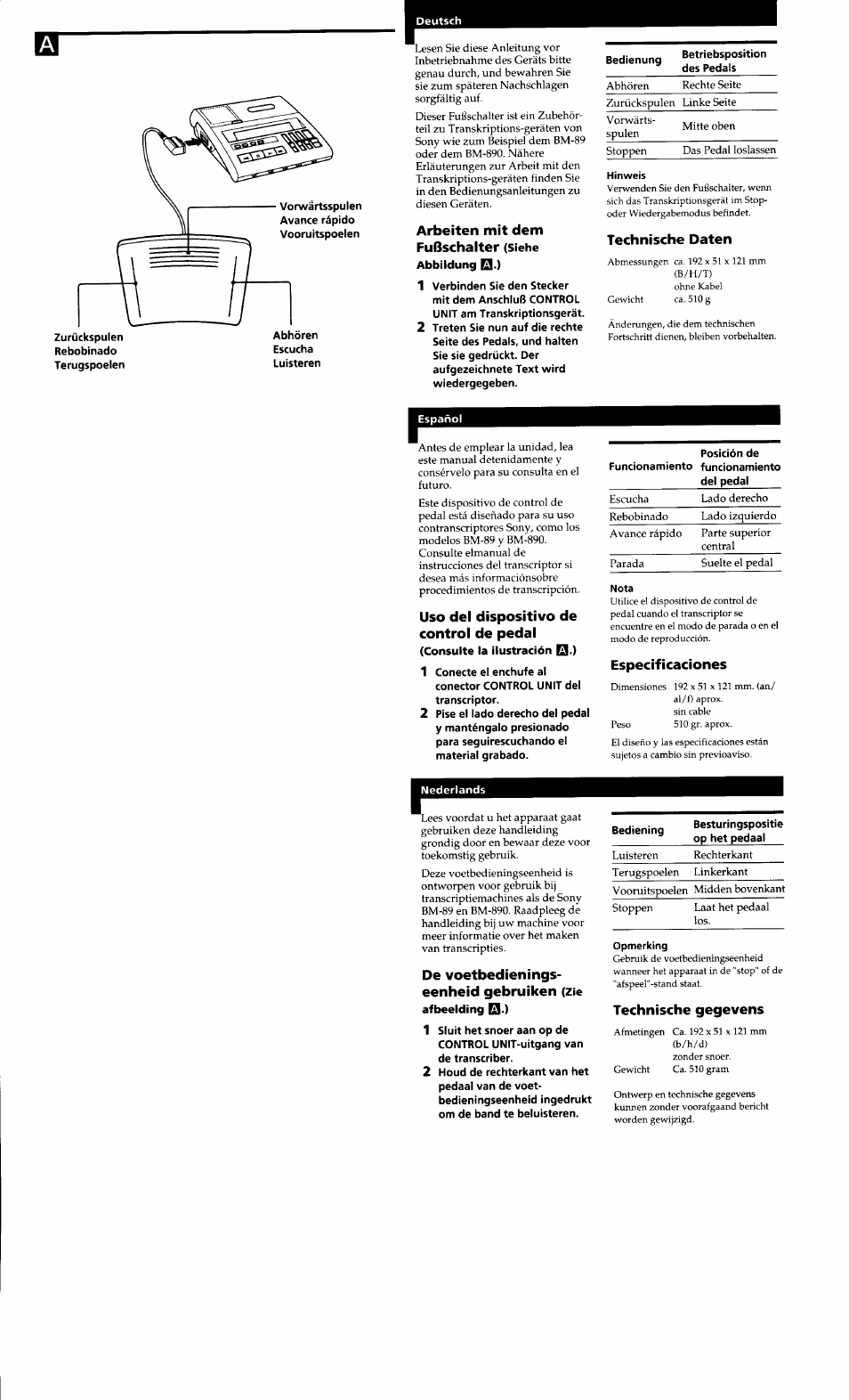 Arbeiten mit dem fußschalter, Technische daten, Uso del dispositivo de control de pedal | Especificaciones, De voetbedienings­ eenheid gebruiken, Technische gegevens | Sony ICD-WFT2 User Manual | Page 2 / 2