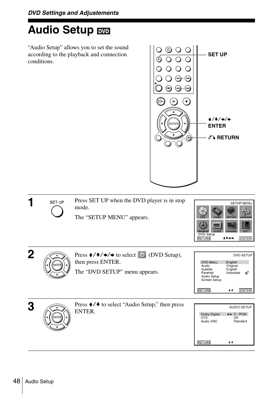 Dvd settings and adjustements, Audio setup | Sony HT-V1000DP User Manual | Page 48 / 108