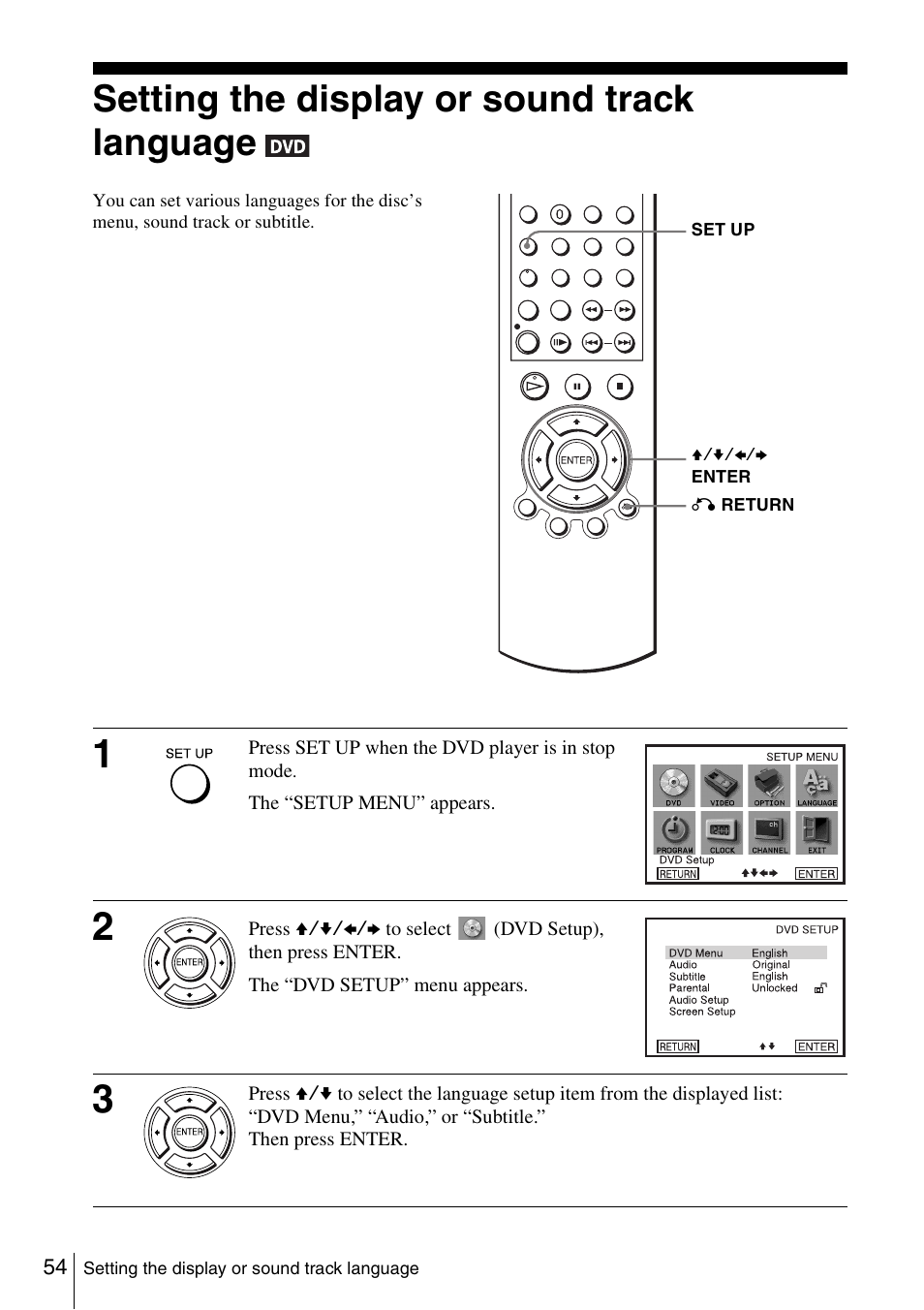 Setting the display or sound track language | Sony HT-V1000DP User Manual | Page 54 / 108