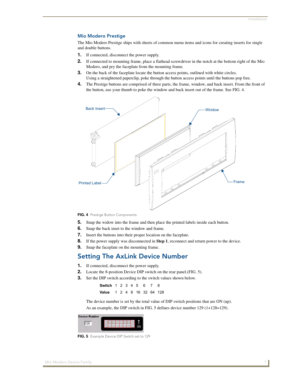 Mio modero prestige, Setting the axlink device number | AMX Mio Modero Device Family User Manual | Page 11 / 28