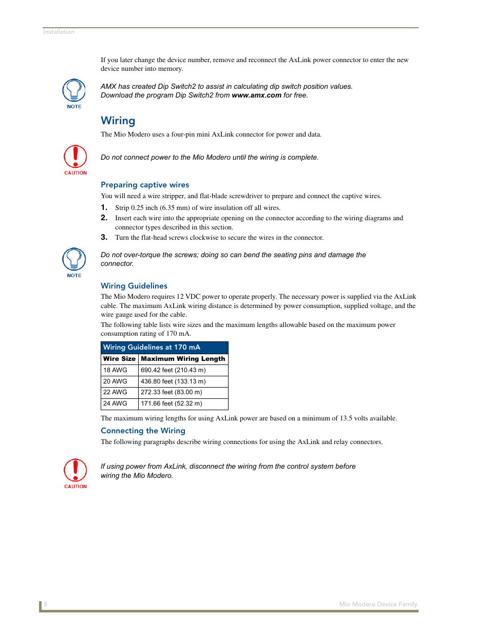 Wiring, Preparing captive wires, Wiring guidelines | Connecting the wiring | AMX Mio Modero Device Family User Manual | Page 12 / 28