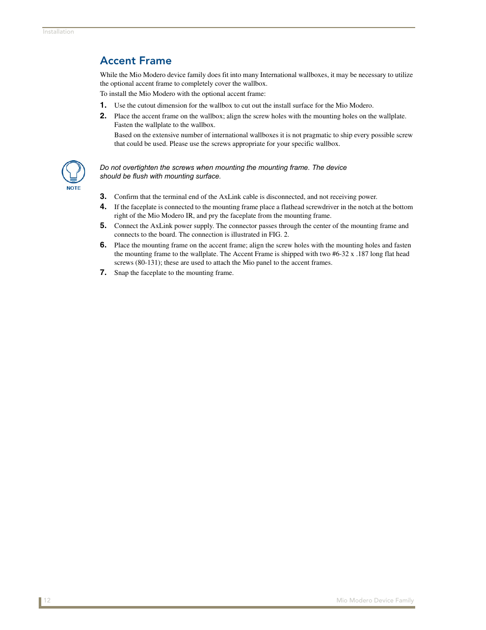 Accent frame | AMX Mio Modero Device Family User Manual | Page 16 / 28