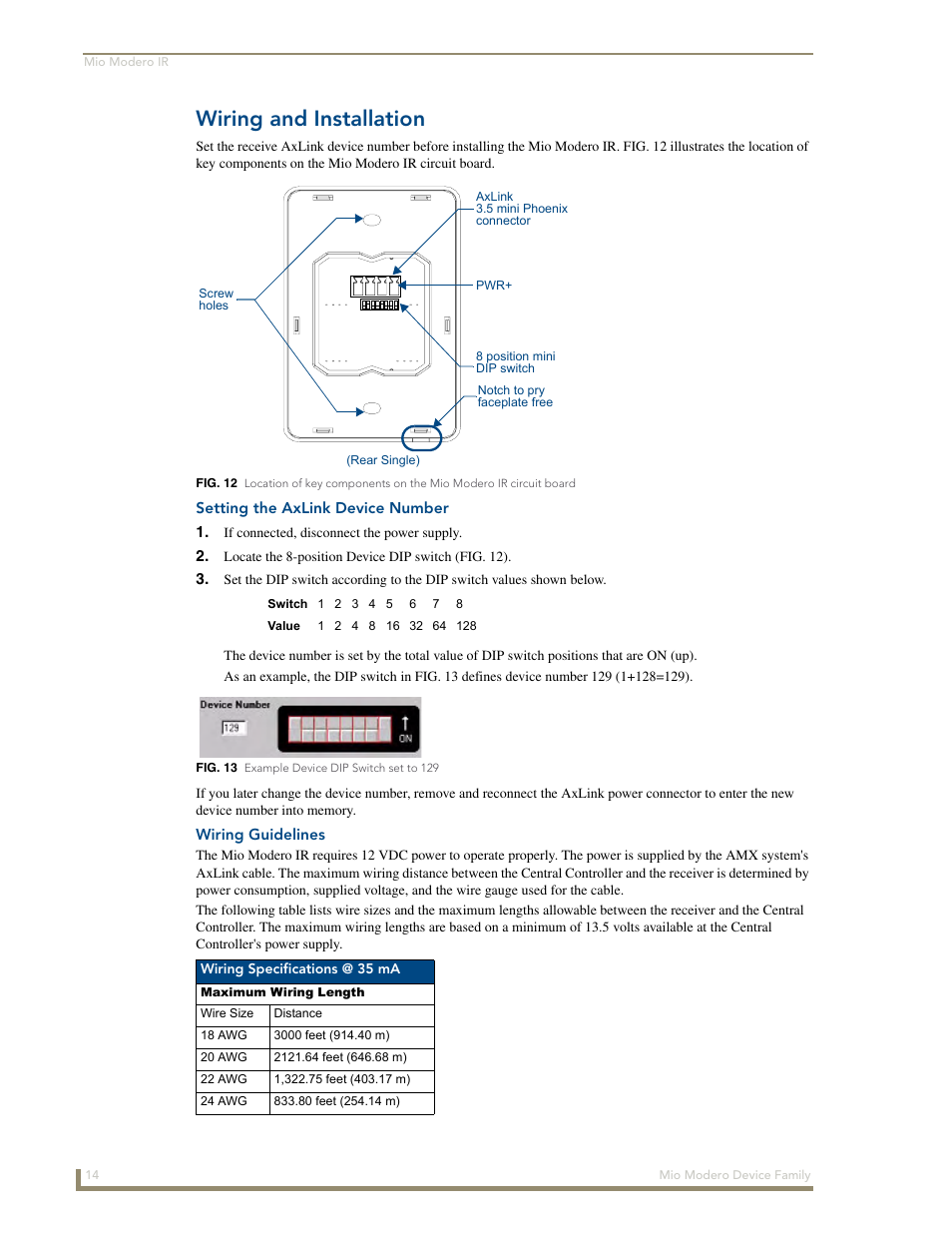 Wiring and installation, Setting the axlink device number, Wiring guidelines | AMX Mio Modero Device Family User Manual | Page 18 / 28