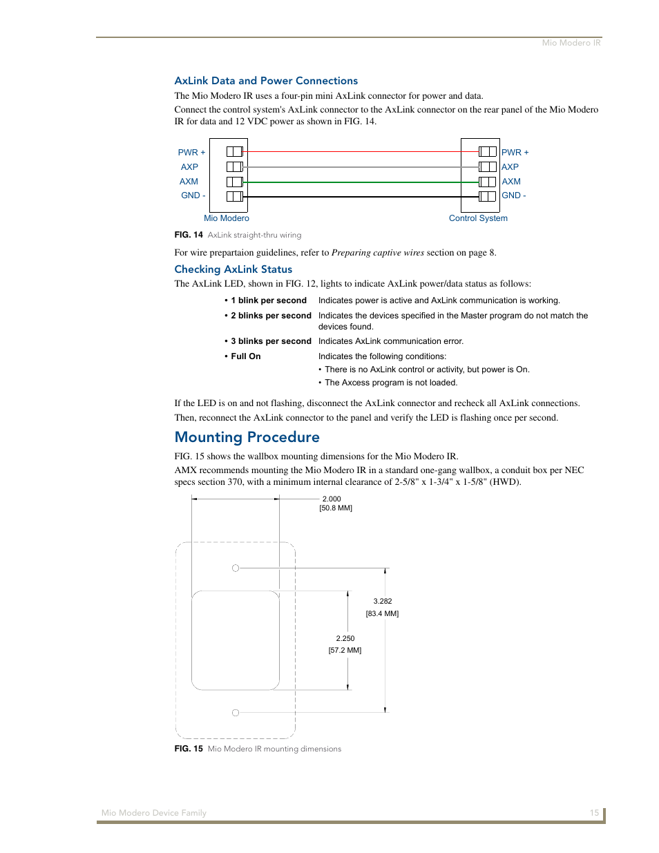 Axlink data and power connections, Checking axlink status, Mounting procedure | AMX Mio Modero Device Family User Manual | Page 19 / 28