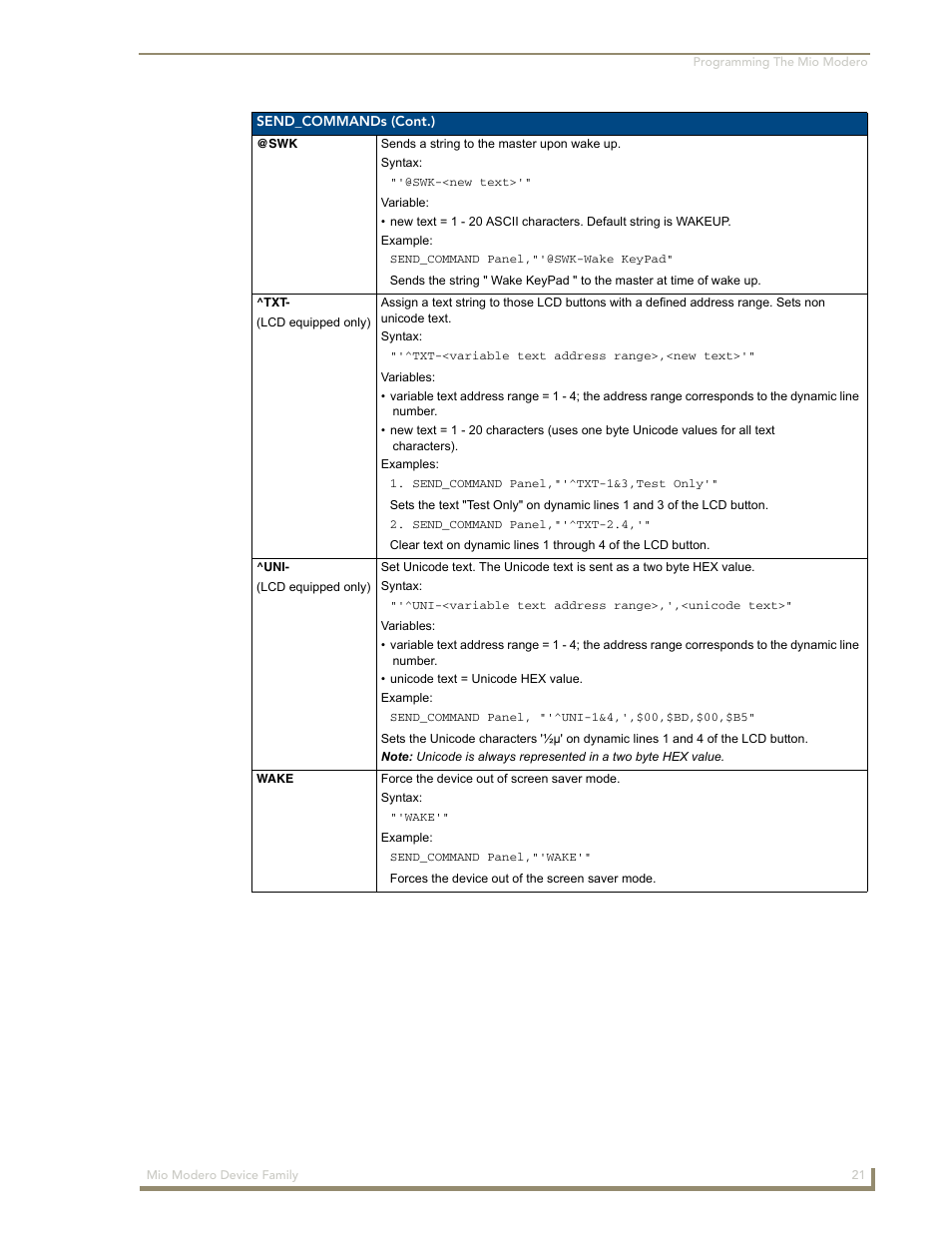 Wake, Swk ^txt ^uni wake | AMX Mio Modero Device Family User Manual | Page 25 / 28