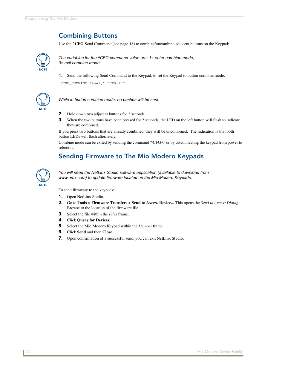 Combining buttons, Sending firmware to the mio modero keypads | AMX Mio Modero Device Family User Manual | Page 26 / 28