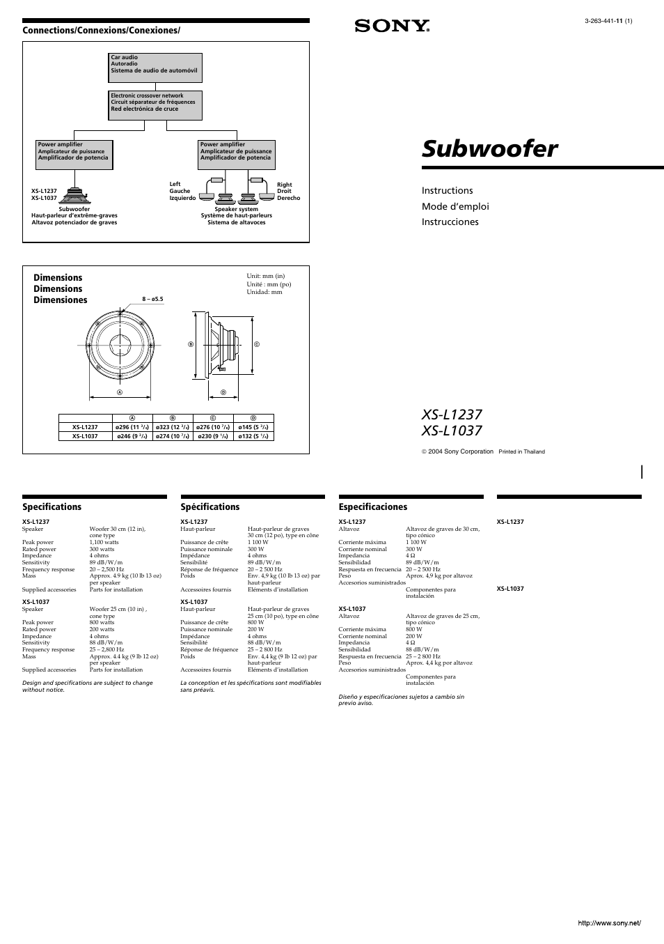 Sony XS-L1037 User Manual | 2 pages