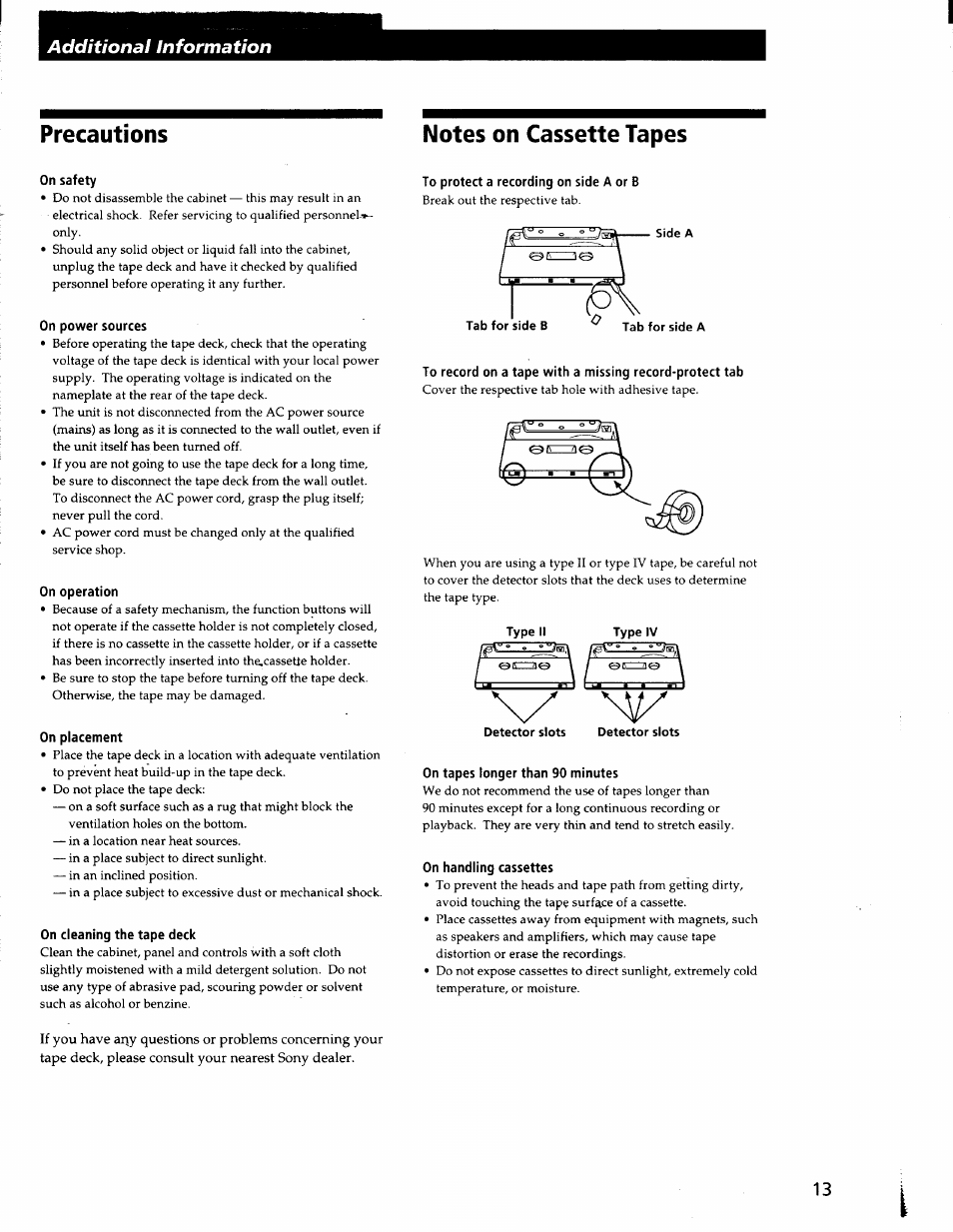 Notes on cassette tapes | Sony TC-WE425 User Manual | Page 13 / 17