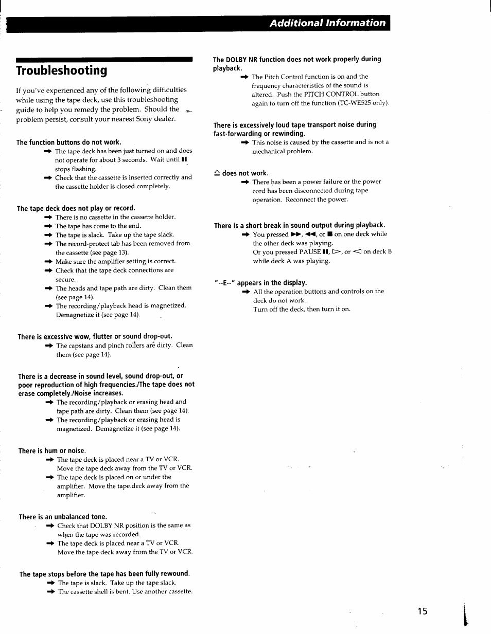 Troubleshooting | Sony TC-WE425 User Manual | Page 15 / 17