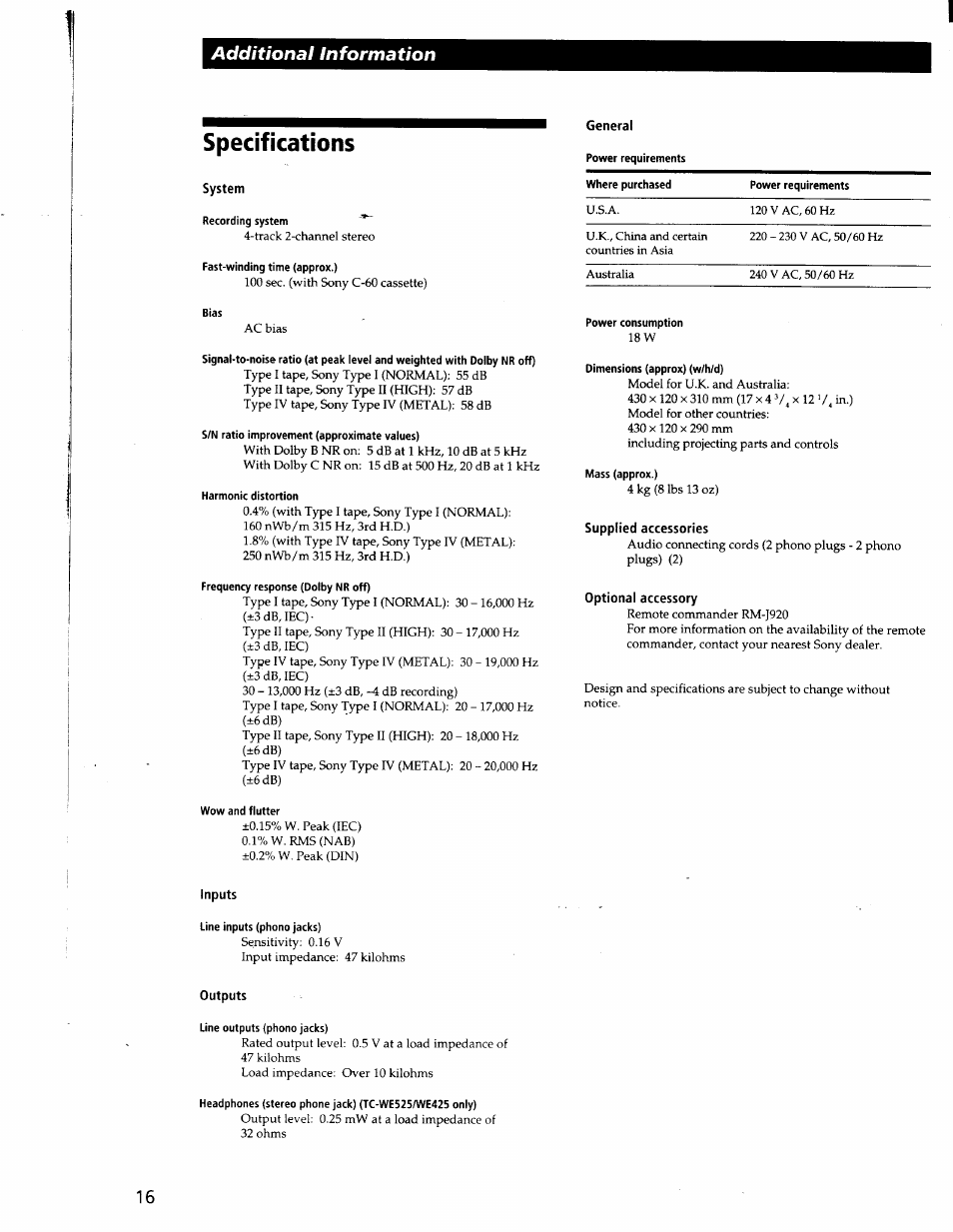 Specifications | Sony TC-WE425 User Manual | Page 16 / 17