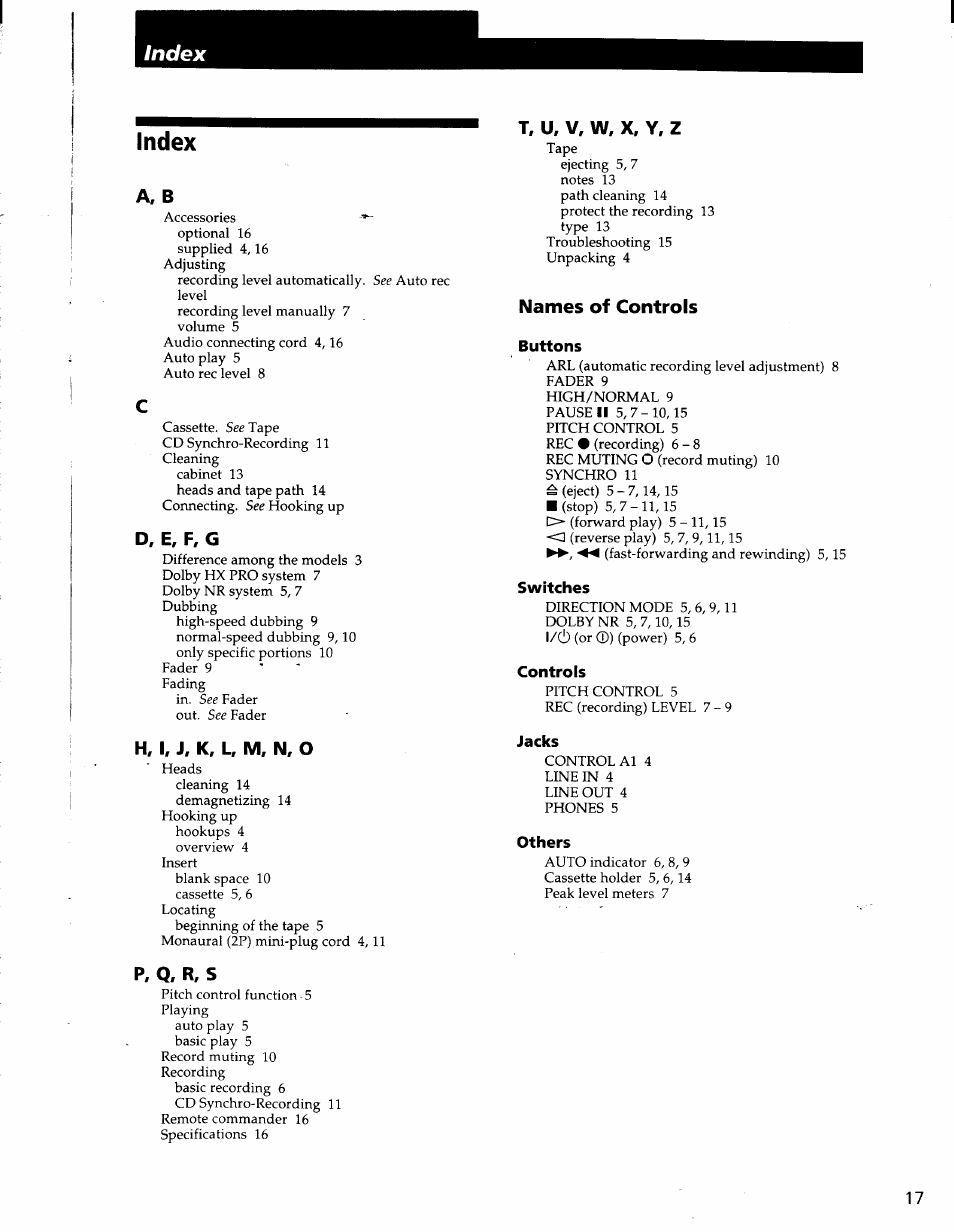 Index | Sony TC-WE425 User Manual | Page 17 / 17