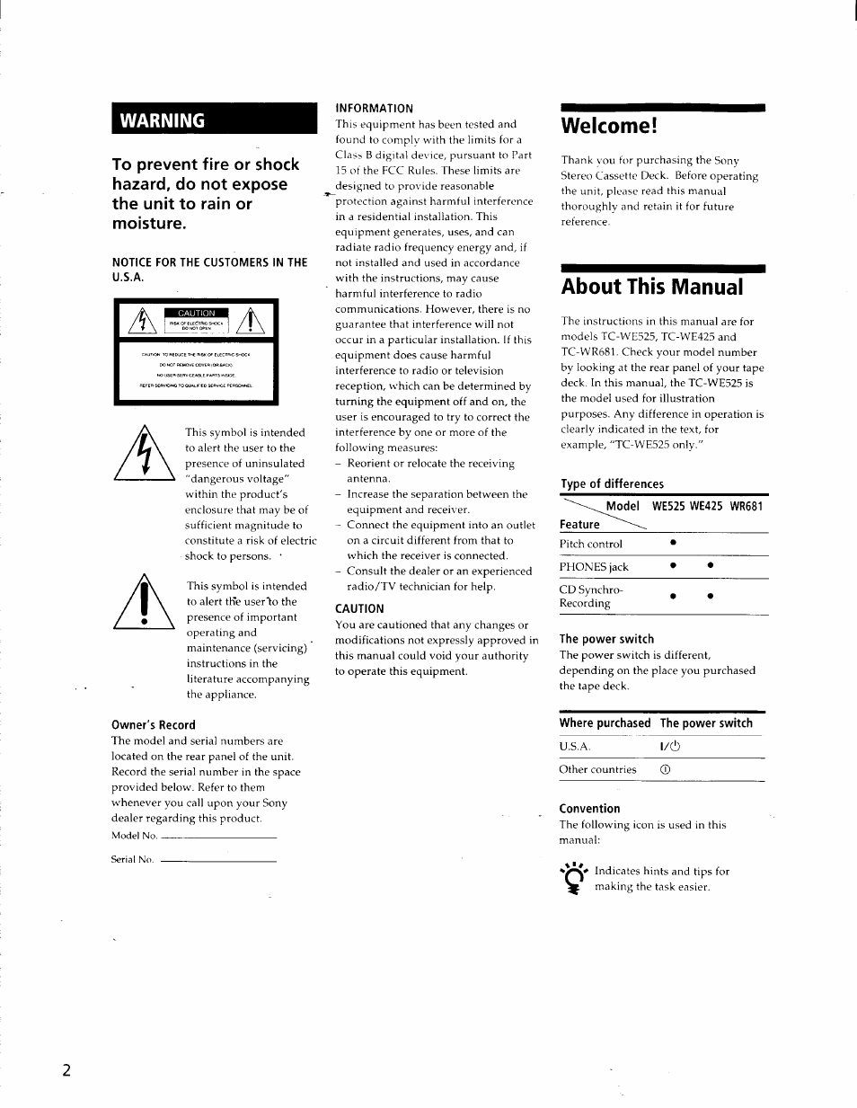 Welcome, About this manual, Warning | Sony TC-WE425 User Manual | Page 2 / 17