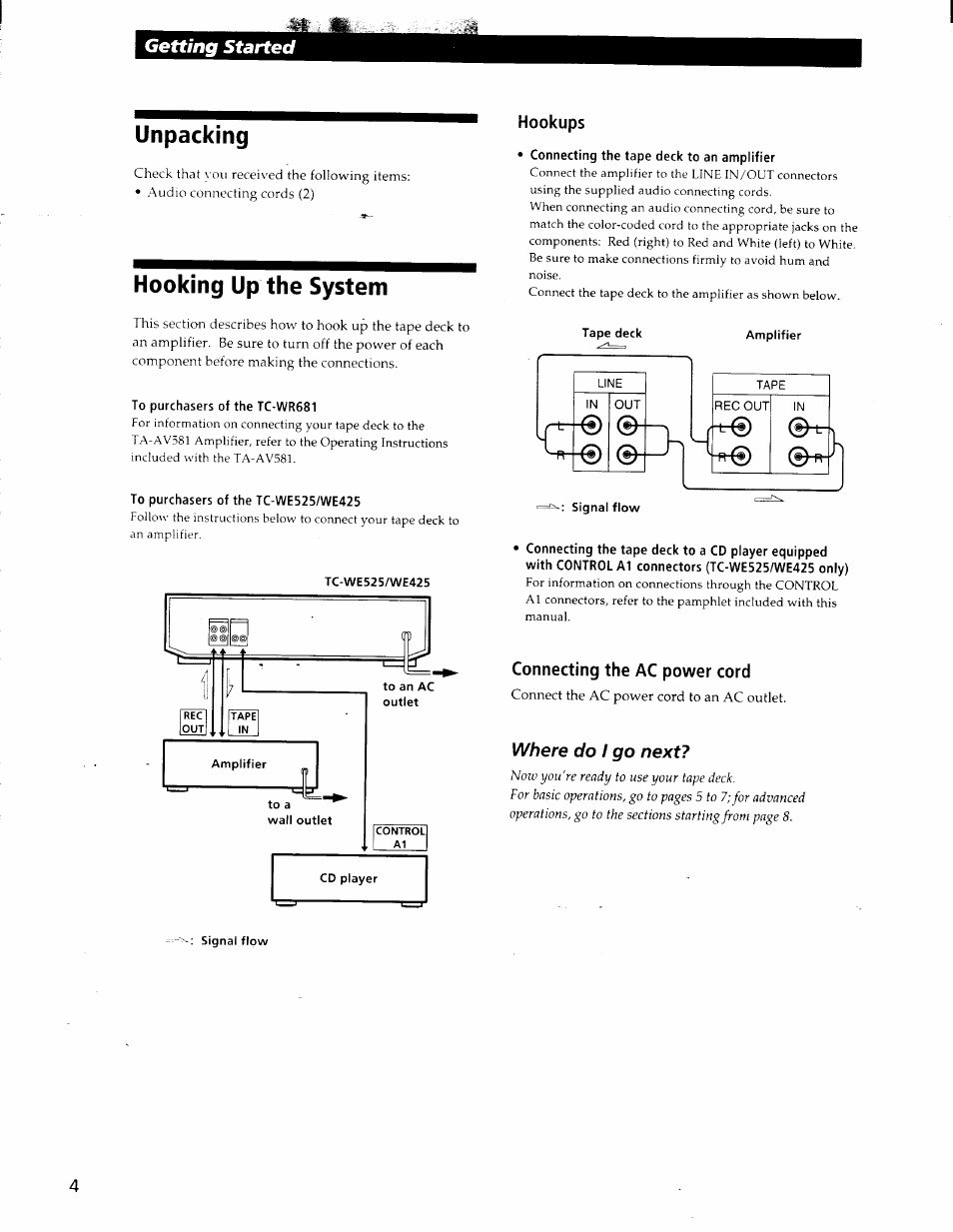 Unpacking, Hooking up the system, Getting started | Where do, Go next | Sony TC-WE425 User Manual | Page 4 / 17