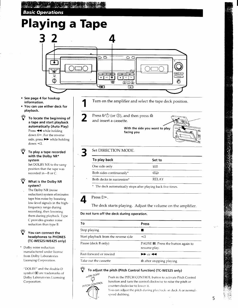 Playing a tape | Sony TC-WE425 User Manual | Page 5 / 17