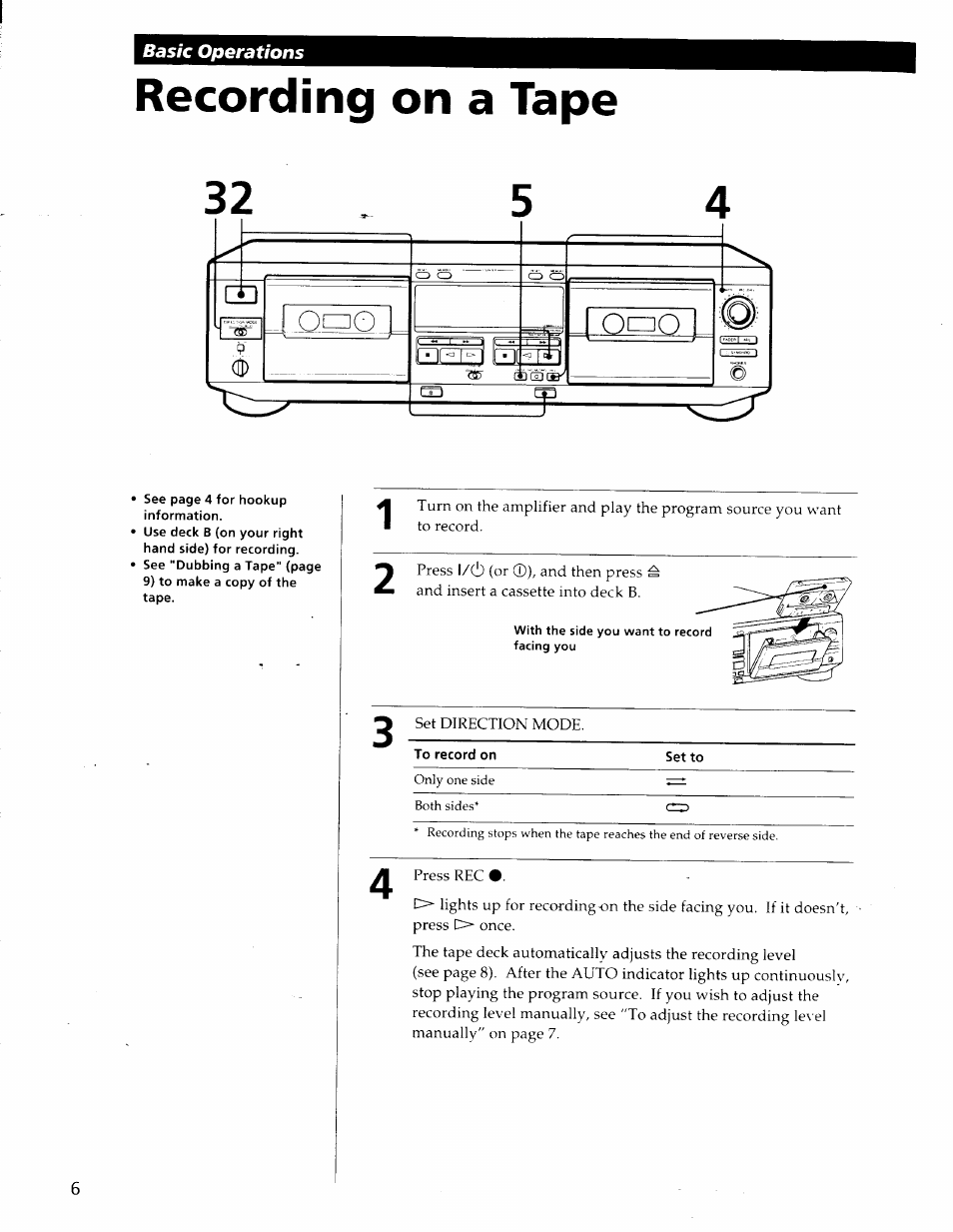 Recording on a tape | Sony TC-WE425 User Manual | Page 6 / 17