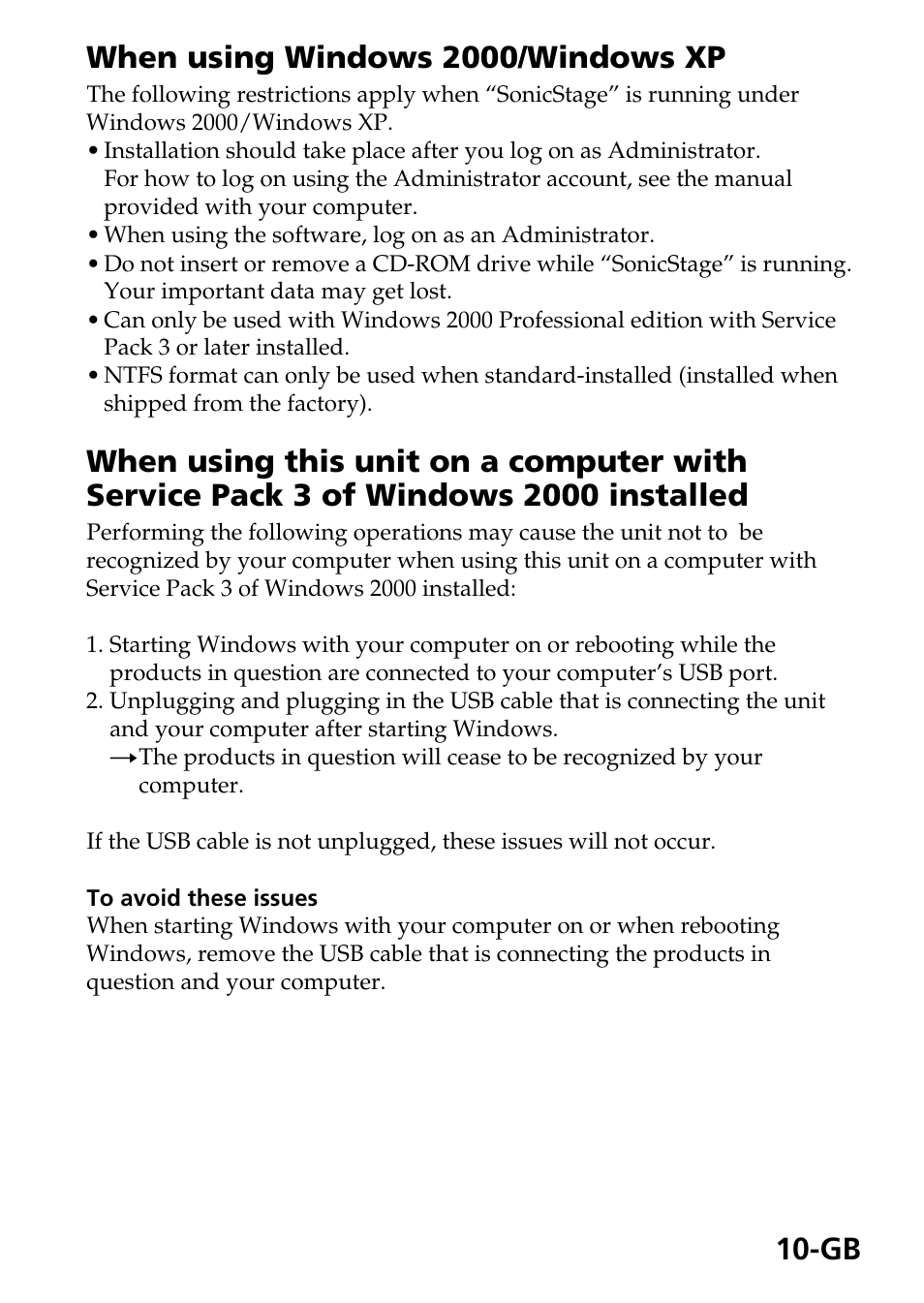 Gb when using windows 2000/windows xp | Sony MSAC-US40 User Manual | Page 10 / 43