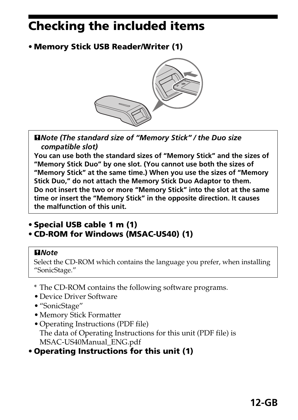 Checking the included items | Sony MSAC-US40 User Manual | Page 12 / 43