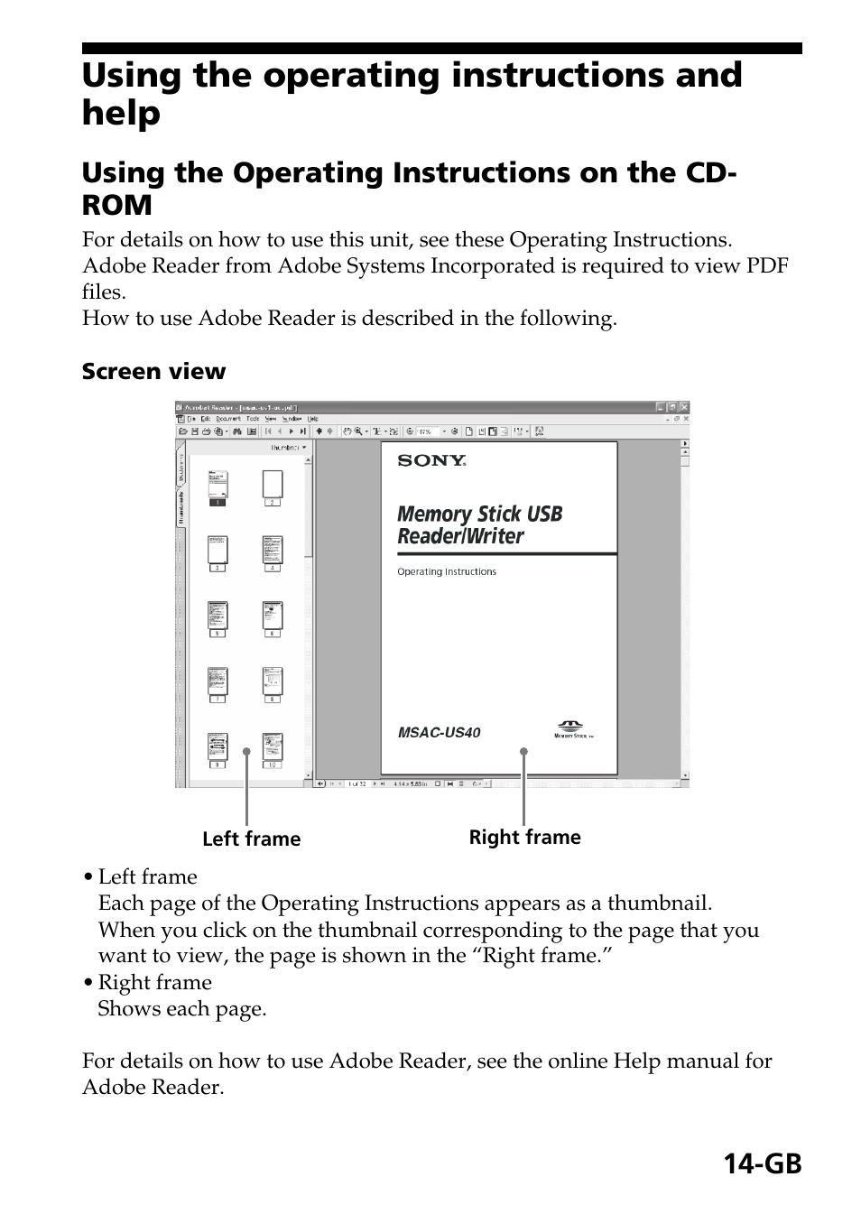 Using the operating instructions and help, Using the operating instructions on the cd- rom | Sony MSAC-US40 User Manual | Page 14 / 43