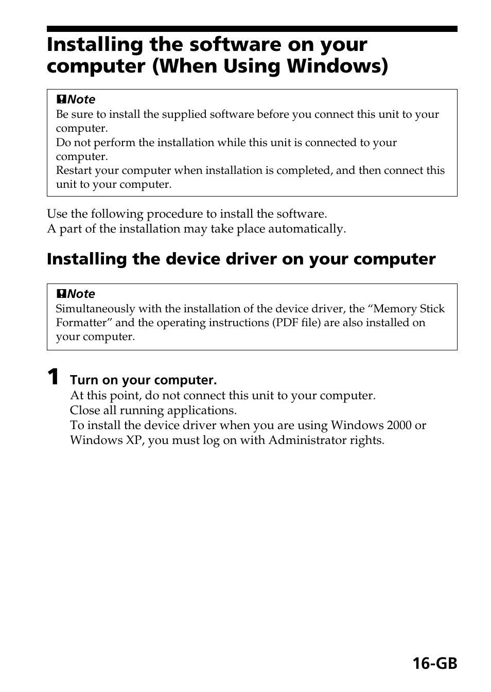 Installing the device driver on your computer | Sony MSAC-US40 User Manual | Page 16 / 43