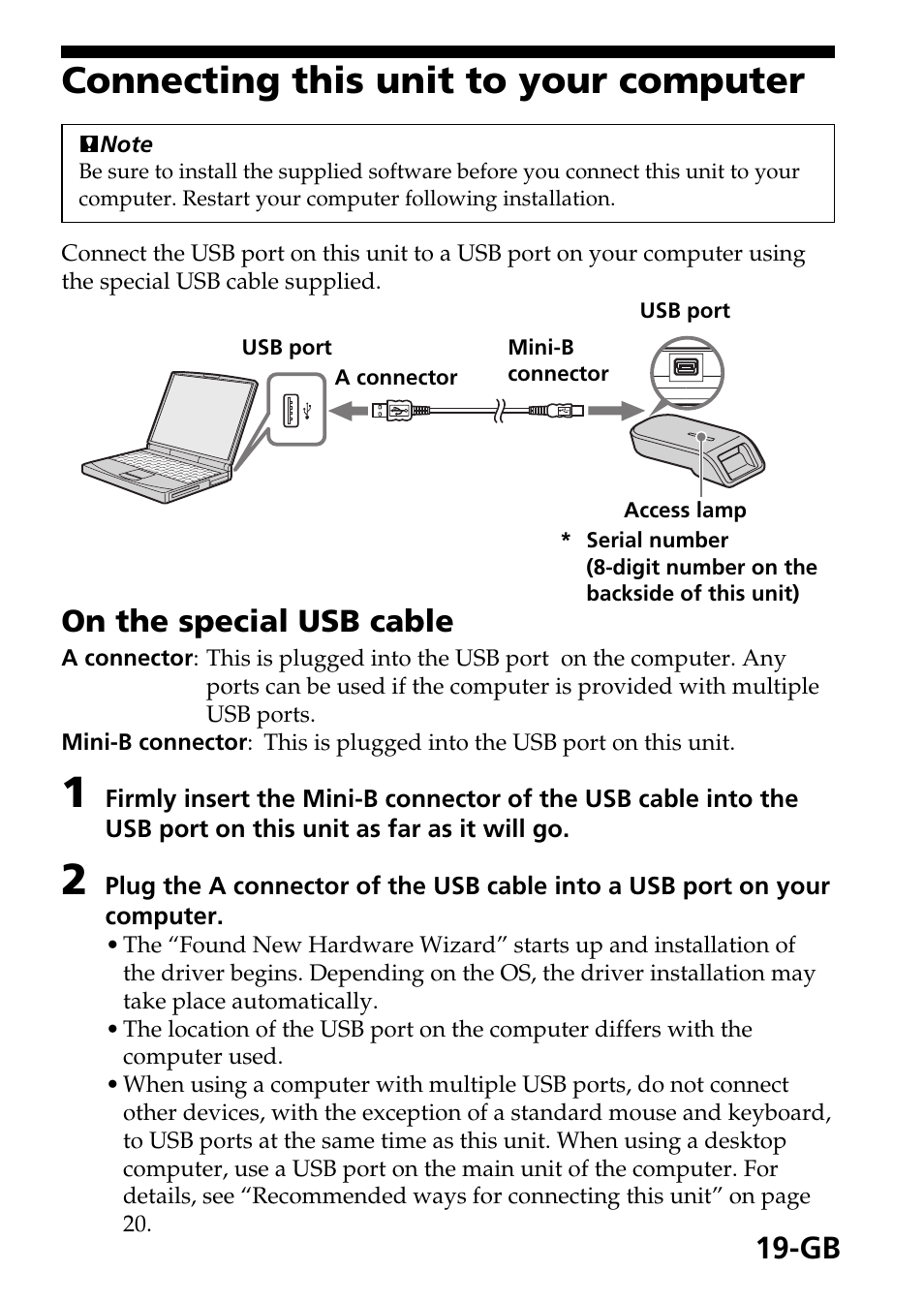 Connecting this unit to your computer, On the special usb cable | Sony MSAC-US40 User Manual | Page 19 / 43