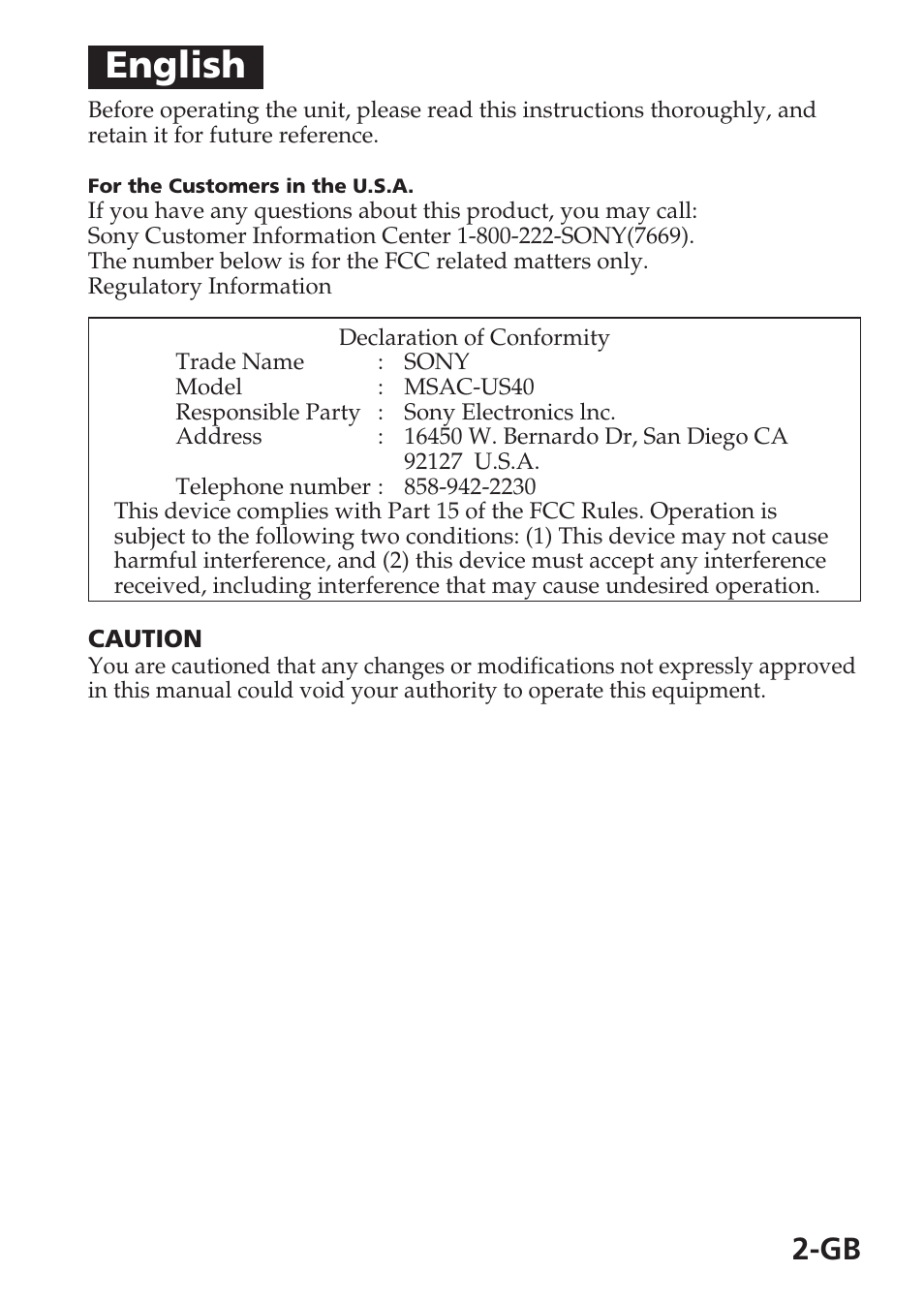 English | Sony MSAC-US40 User Manual | Page 2 / 43