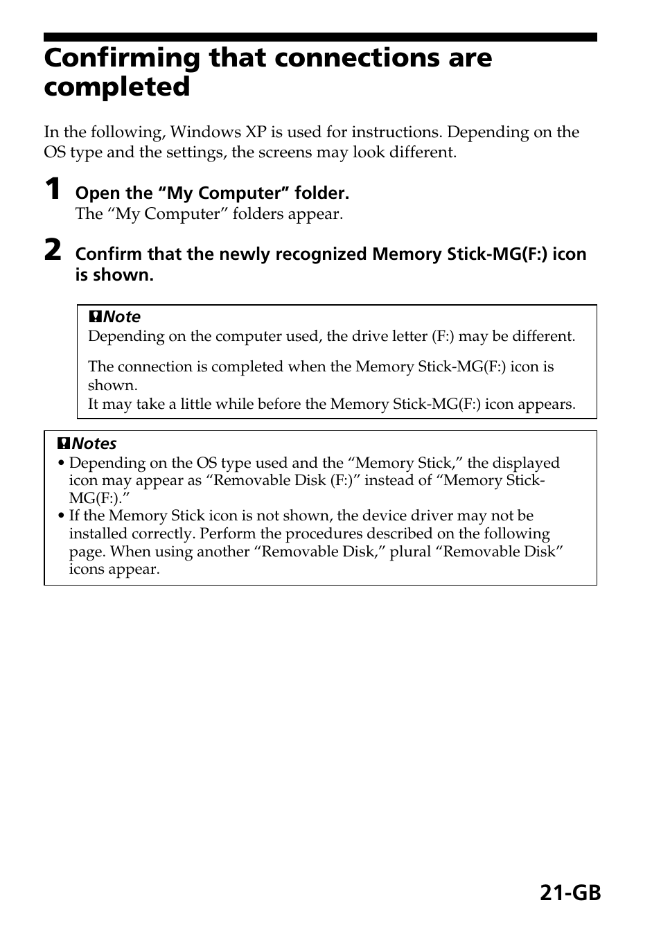 Confirming that connections are completed | Sony MSAC-US40 User Manual | Page 21 / 43