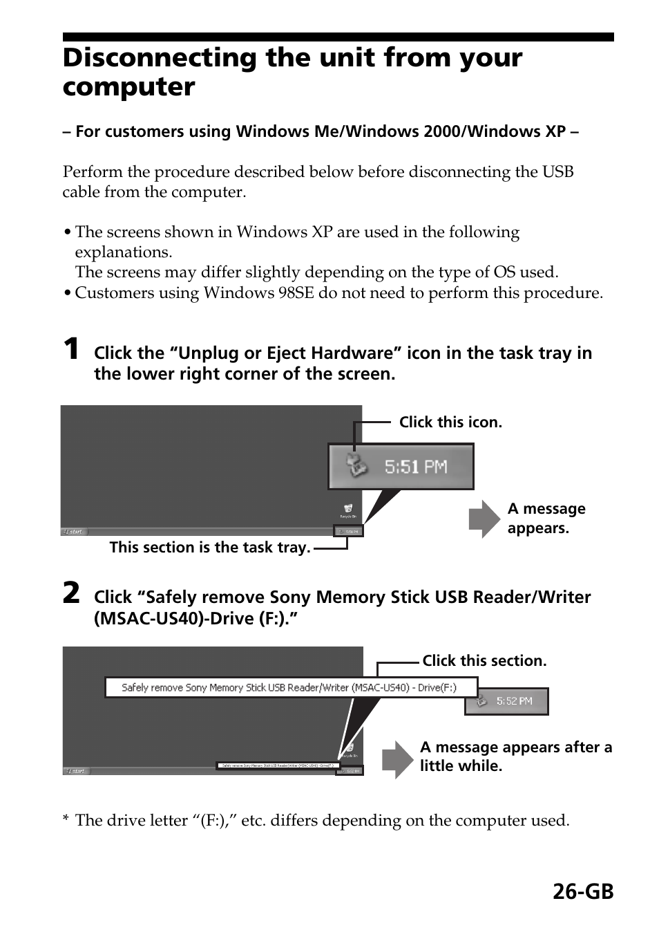 Disconnecting the unit from your computer | Sony MSAC-US40 User Manual | Page 26 / 43