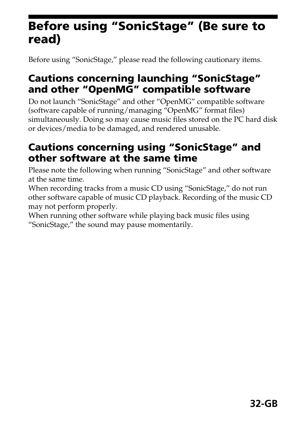 Before using “sonicstage” (be sure to read) | Sony MSAC-US40 User Manual | Page 32 / 43