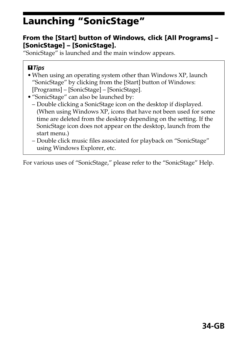 Launching “sonicstage | Sony MSAC-US40 User Manual | Page 34 / 43