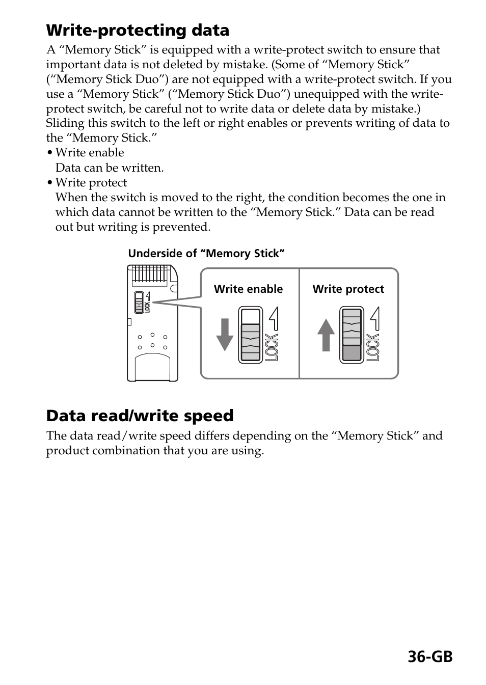 Gb write-protecting data, Data read/write speed, Lo ck lo ck | Sony MSAC-US40 User Manual | Page 36 / 43