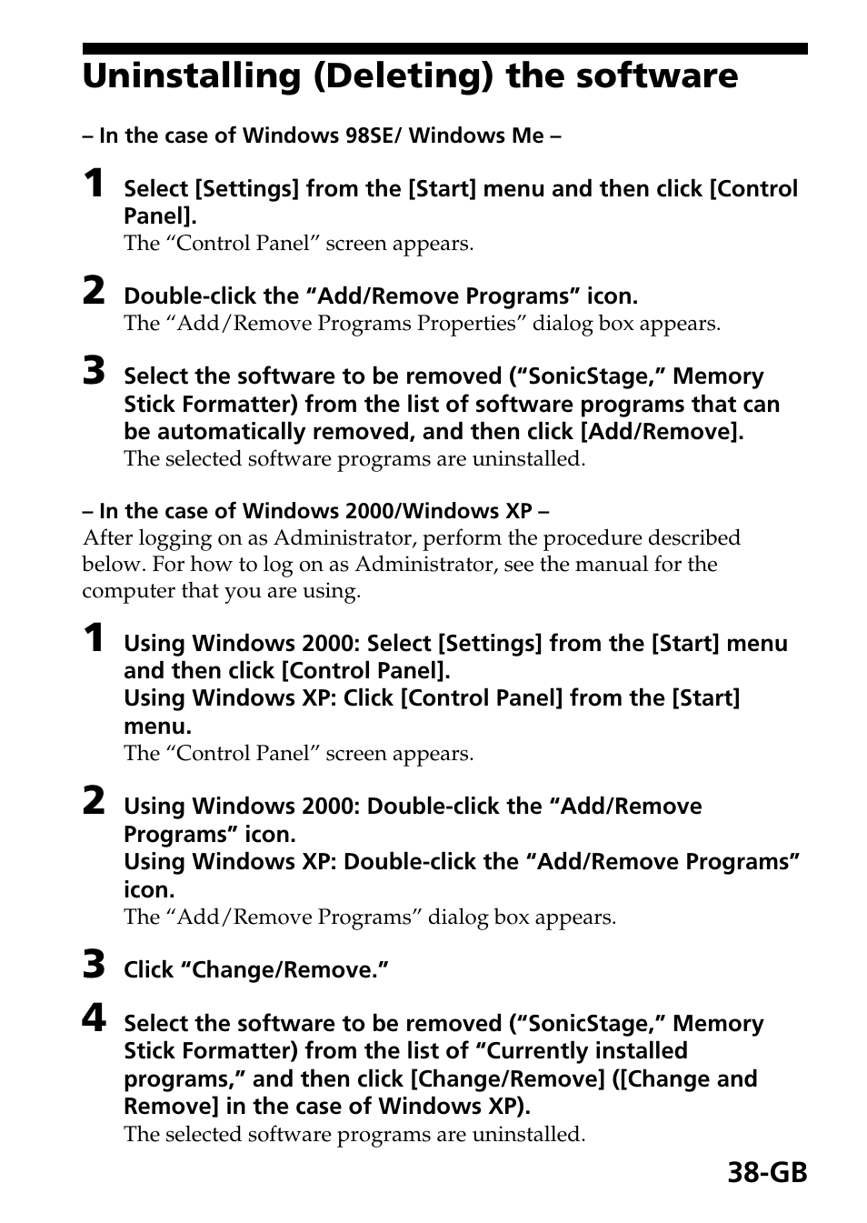 Uninstalling (deleting) the software | Sony MSAC-US40 User Manual | Page 38 / 43